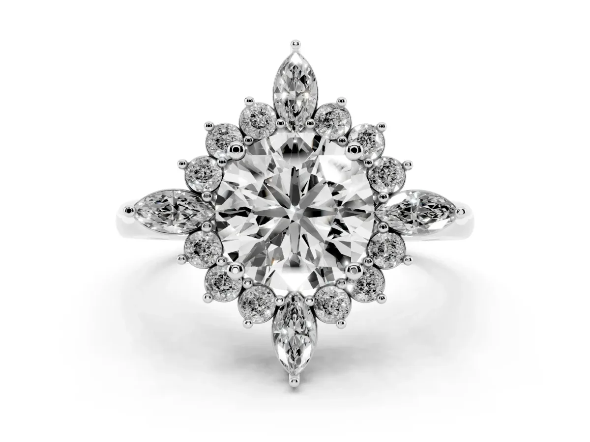 Round Cut Diamond Cluster Halo Ring Set in White gold with Marquise and Round Accents