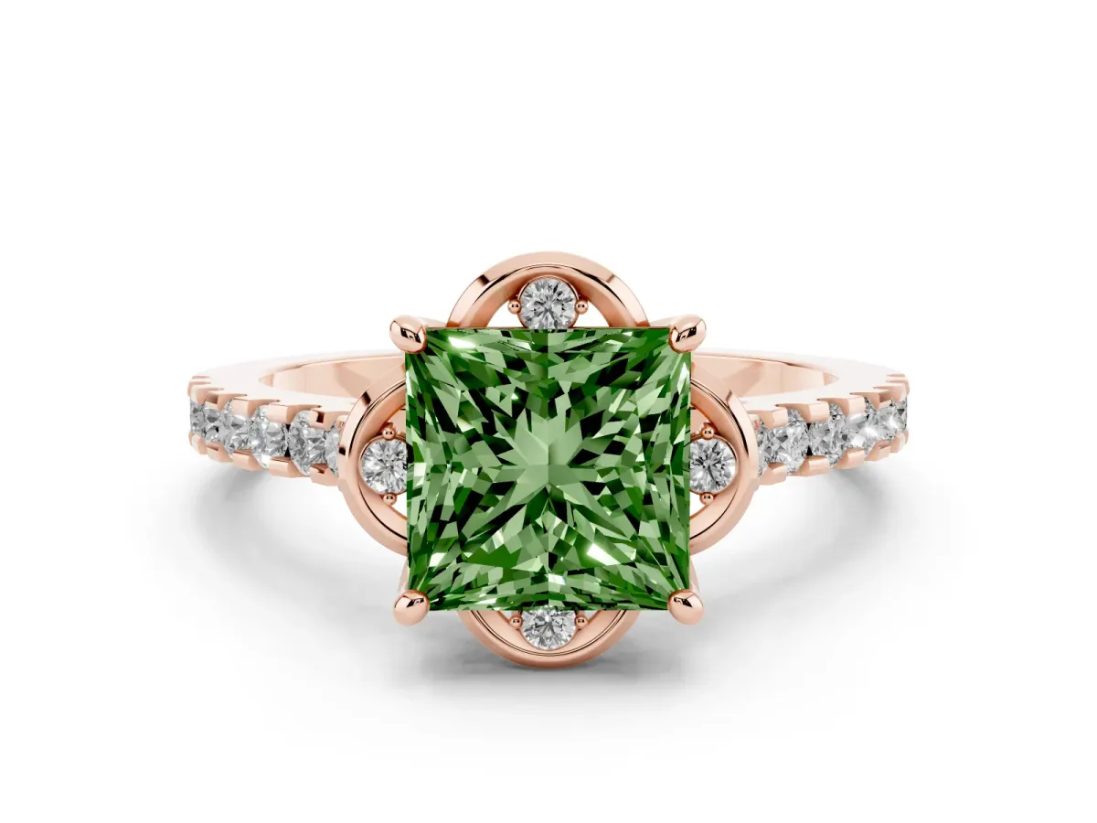 Fancy Green Princess Cut Diamond Solitaire Ring Set in Rose gold with Pavé Band and Floral Prong Setting