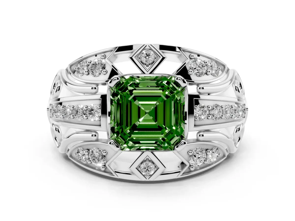Fancy Green Asscher Cut Diamond Art Deco Ring Set in White gold with Pavé Split Shank