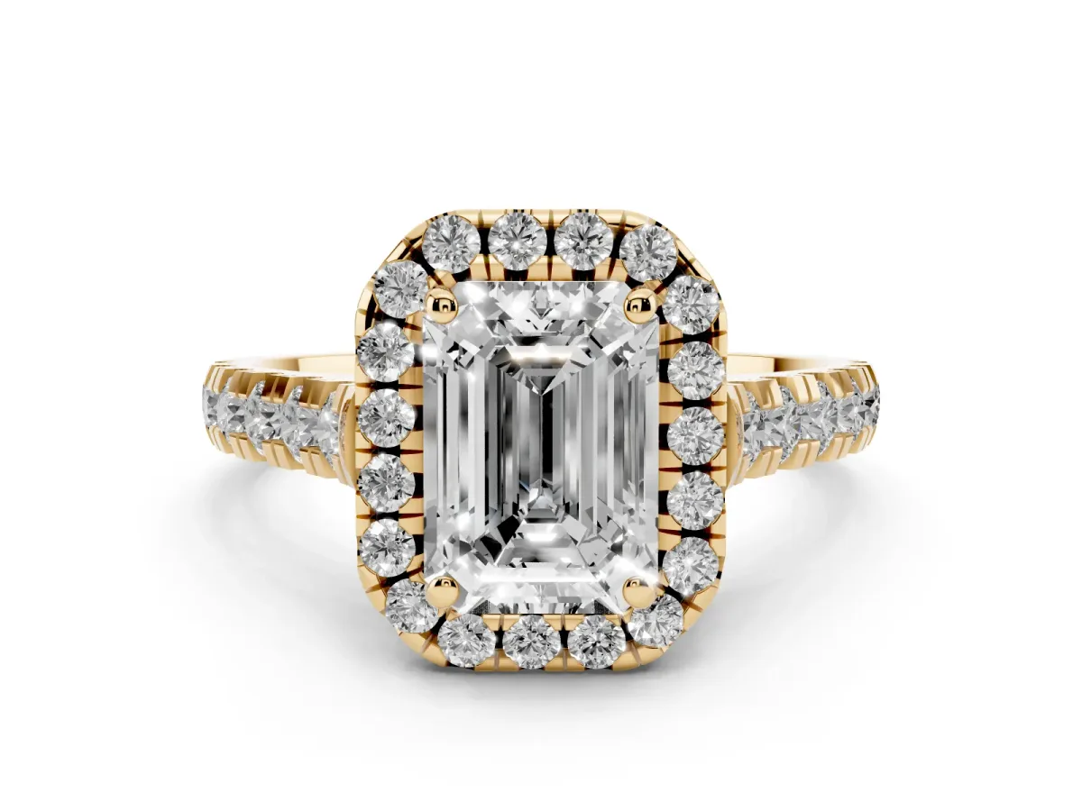 Emerald Cut Diamond Halo Engagement Ring Set in Yellow gold with Pavé Band and Prong-Set Center