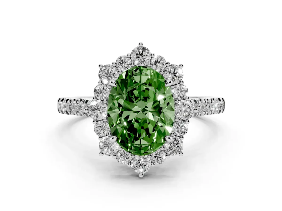 Fancy Green Oval Cut Diamond Halo Ring Set in Platinum with Pavé Band and Prong Setting