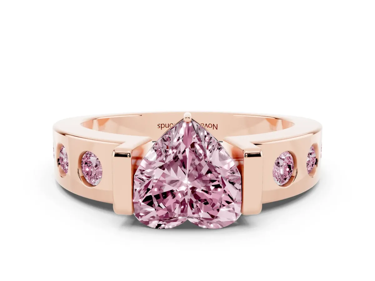 Fancy Pink Heart Cut Diamond Channel-Set Band Ring Set in Rose gold with Bezel Prong Setting