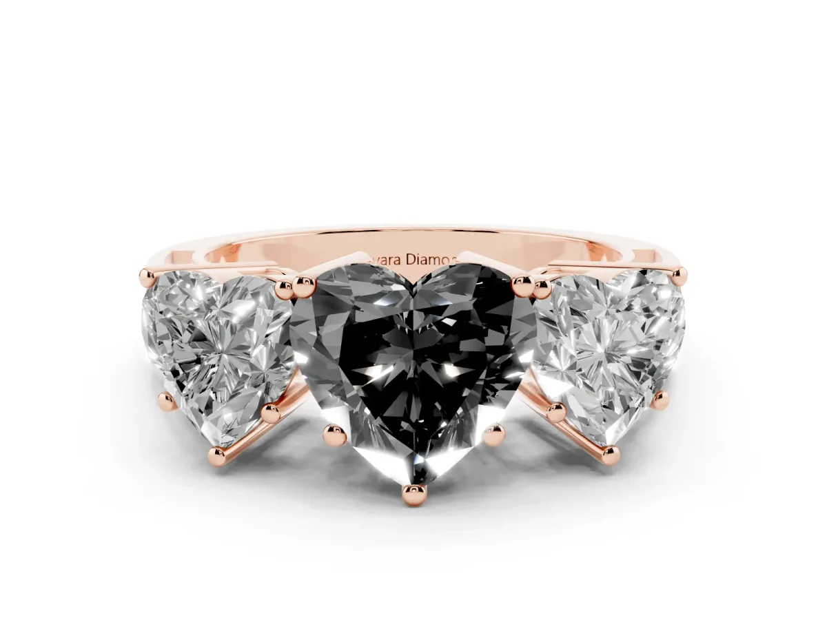 Fancy Black Heart Cut Diamond Three-Stone Ring Set in Rose gold with Textured Band