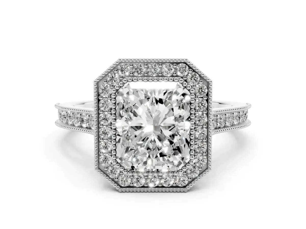 Radiant Cut Diamond Halo Milgrain Pavé Band Ring Set in Platinum with Prong Setting