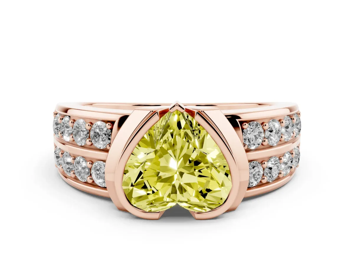 Fancy Yellow Heart Cut Diamond Wide Channel Set Band Ring Set in Rose gold with Bezel Setting
