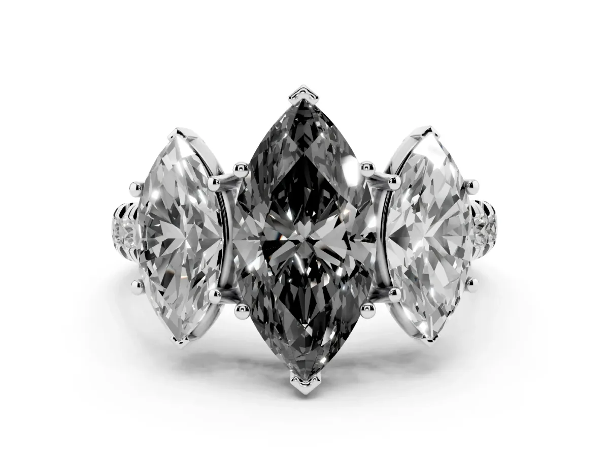 Fancy Black Marquise Cut Diamond Three-Stone Ring Set in Silver with Pavé Band