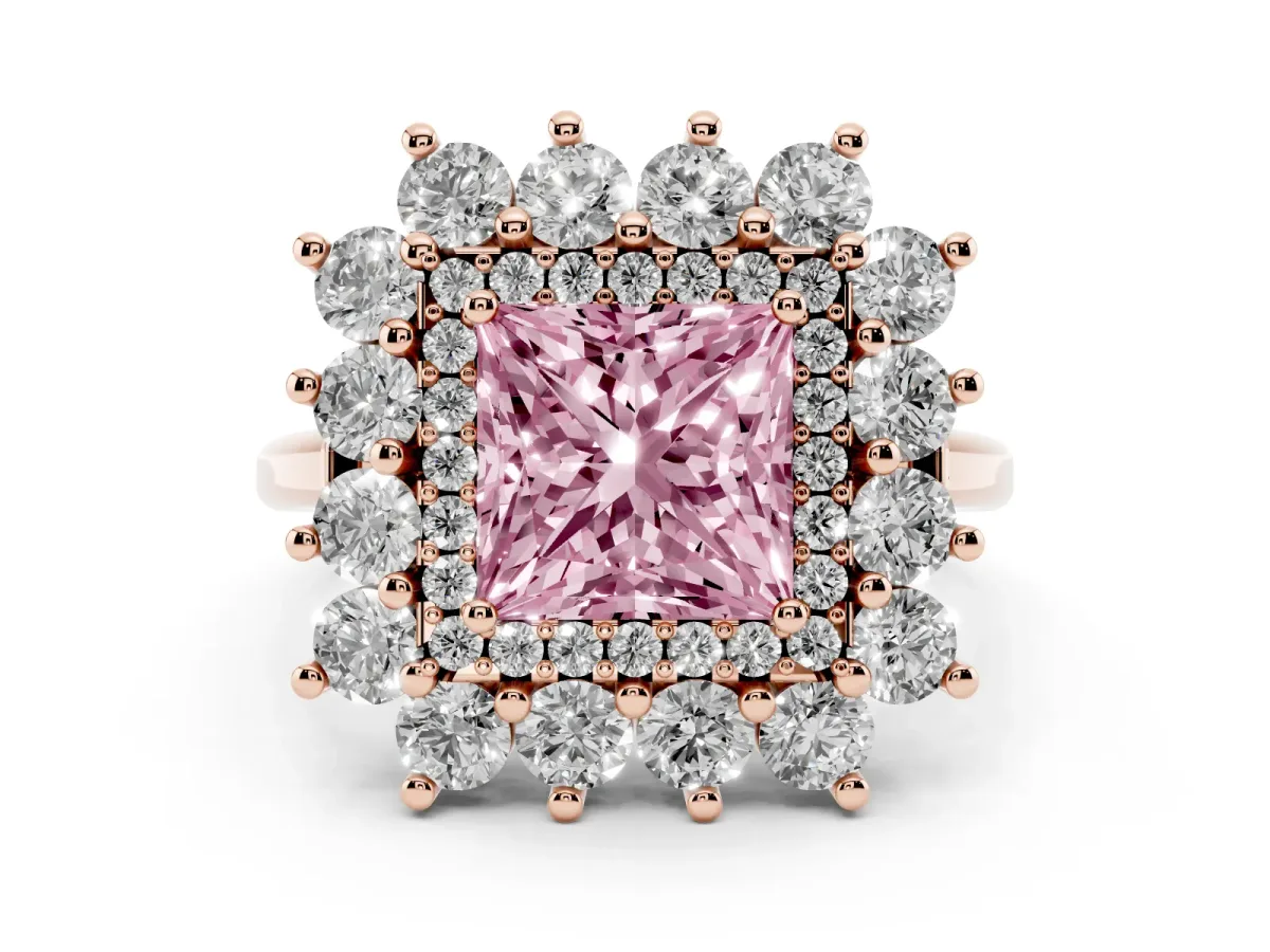 Fancy Pink Princess Cut Diamond Floral Double Halo Ring Set in Rose gold with Round Petals
