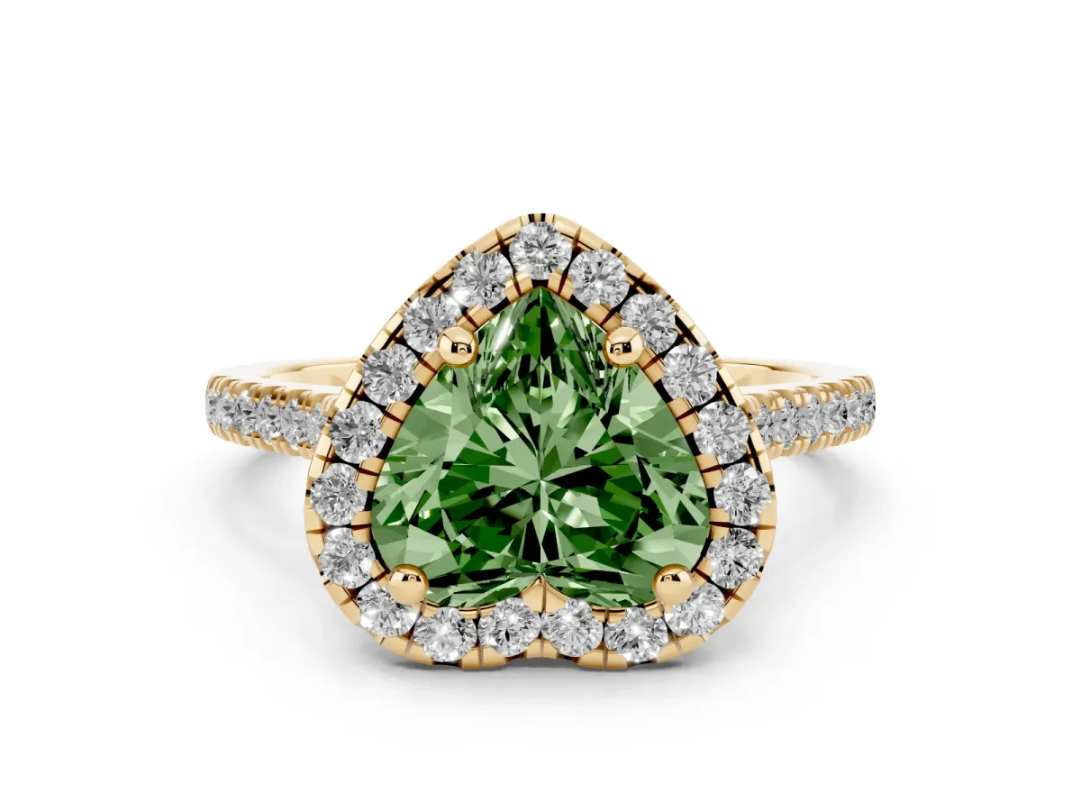 Fancy Green Heart Cut Diamond Cushion Halo Ring Set in Yellow gold with Pavé Band