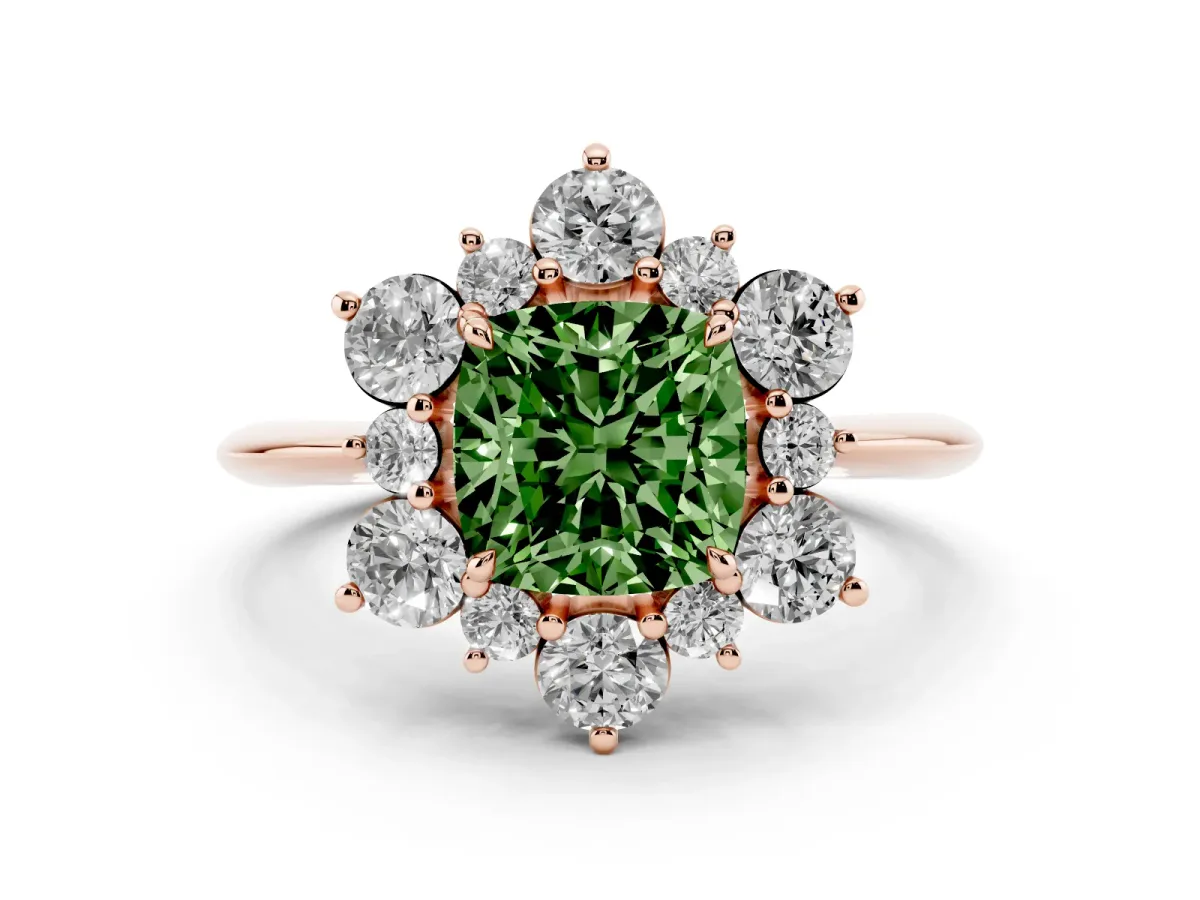 Fancy Green Cushion Cut Diamond Cluster Halo Ring Set in Rose gold with Solitaire Band and Prong Setting