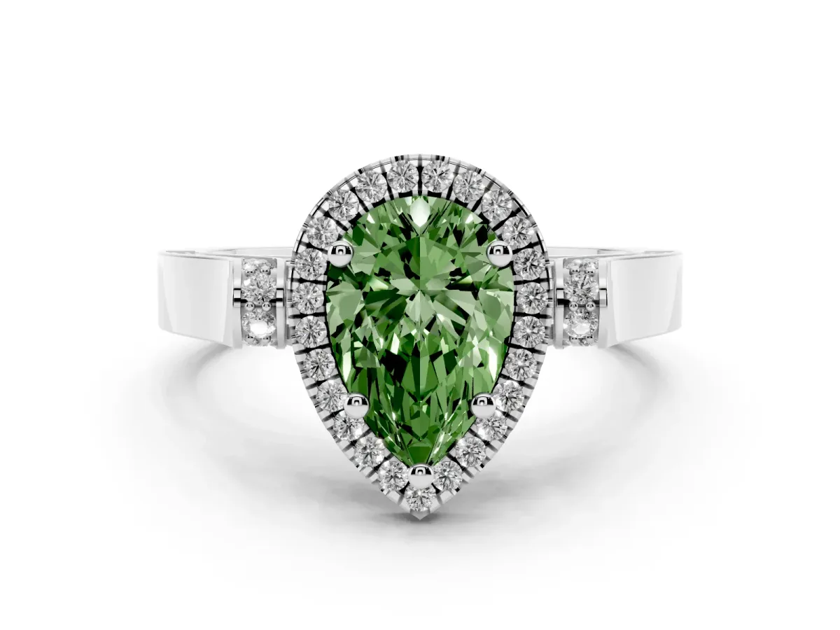 Fancy Green Pear Cut Diamond Halo Ring Set in Platinum with Pavé-Lined Split Shank Band