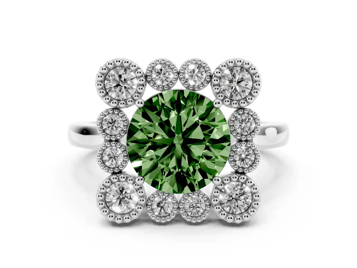Fancy Green Round Cut Diamond Cluster Halo Ring Set in Silver with Milgrain Bezel Accents and Plain Band