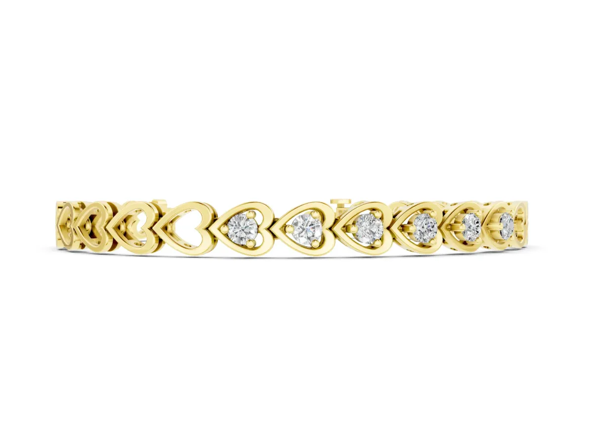 Round Cut Diamond Heart Link Tennis Bracelet Set in Yellow gold with Bezel Setting