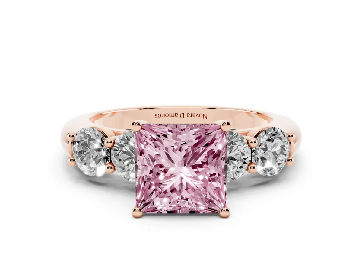 Fancy Pink Princess Cut Diamond Five-Stone Prong Set Ring Set in Rose gold with Classic Band