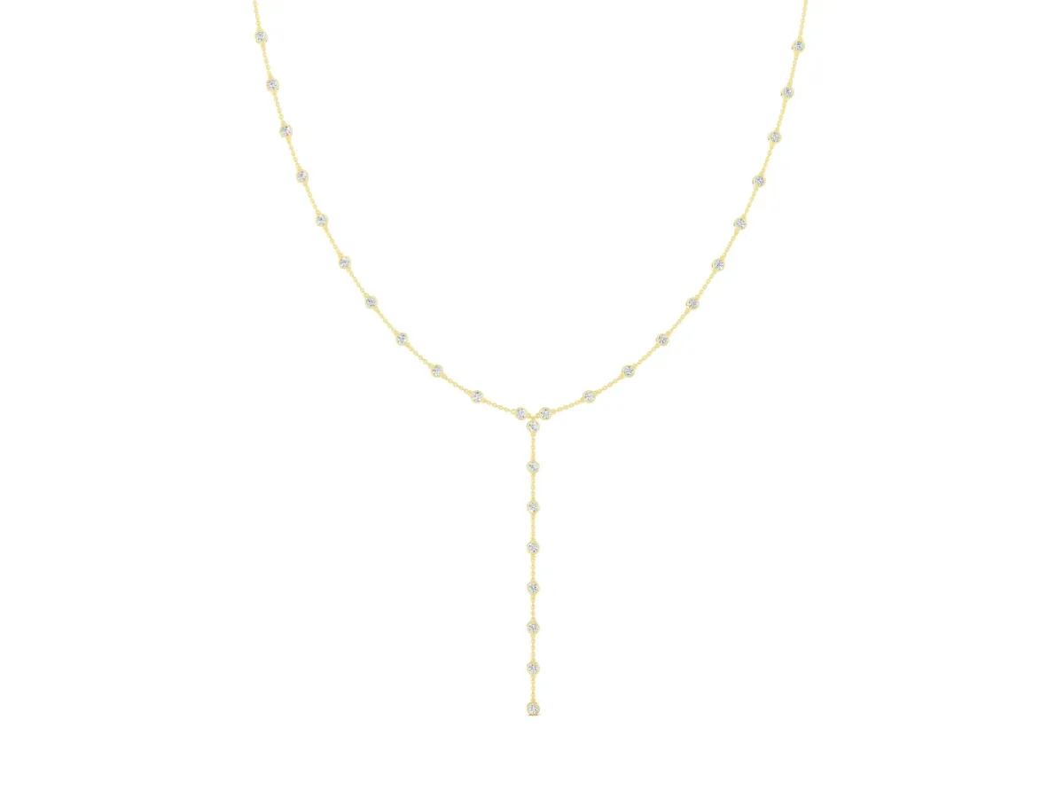 Round Diamond Station Y Necklace Set in Yellow gold with Bezel Setting