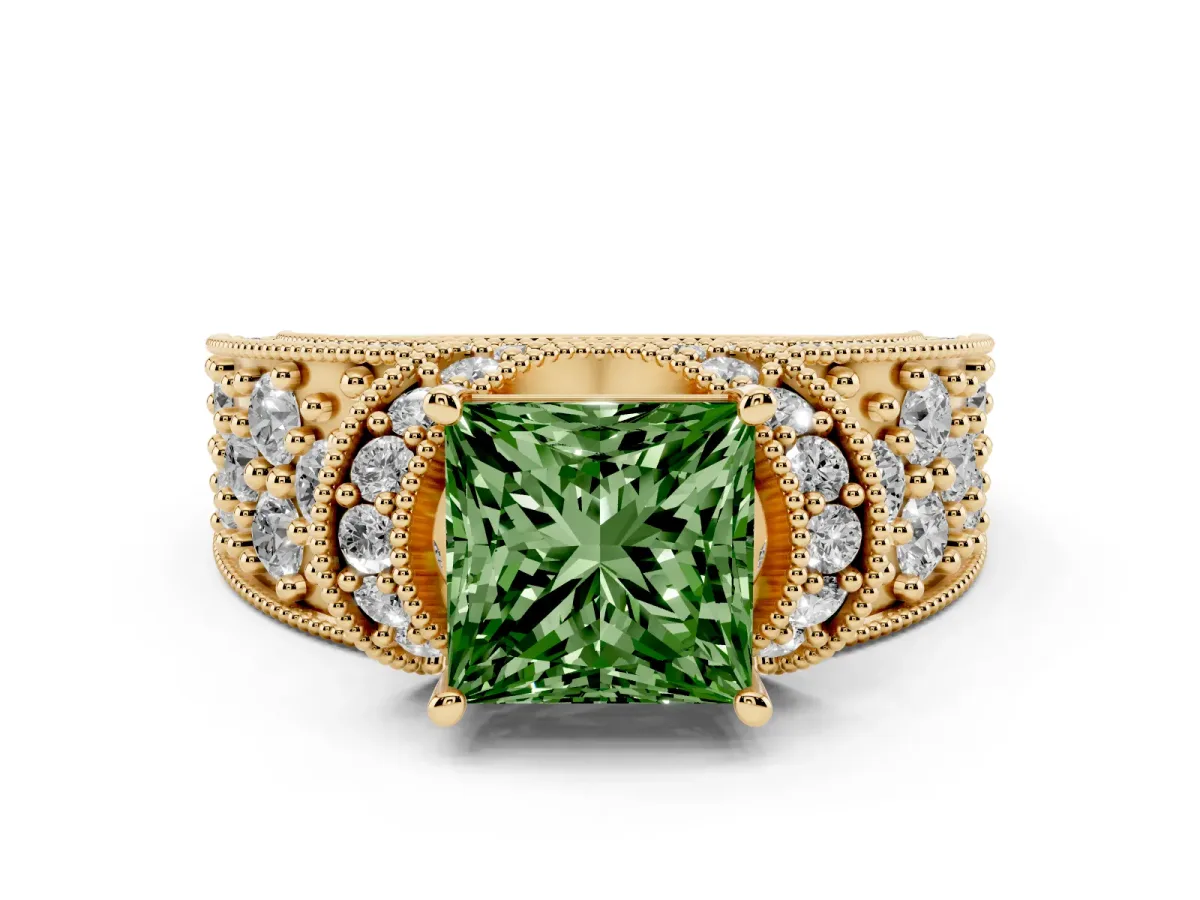 Fancy Green Princess Cut Diamond Milgrain Halo Pavé Engagement Ring Set in Yellow gold with Prong Setting
