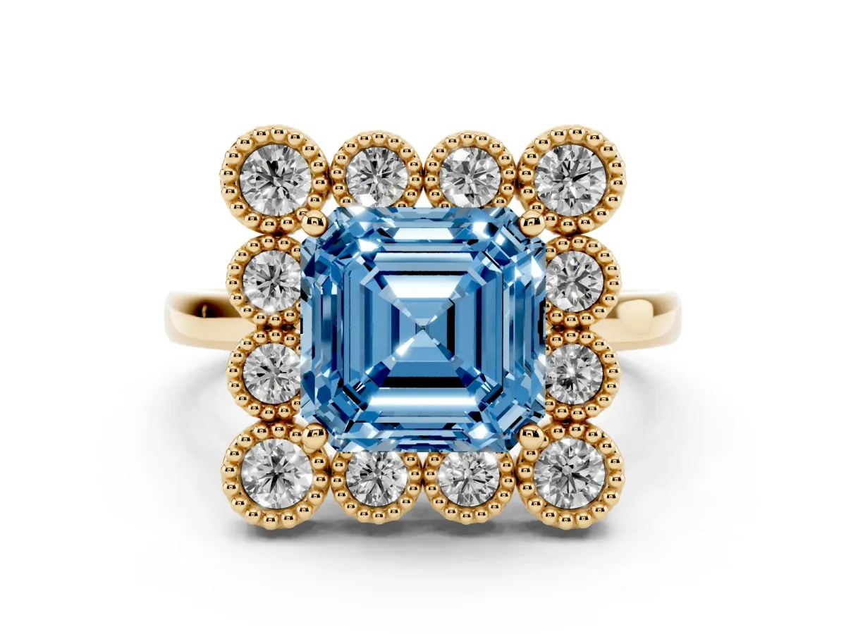 Fancy Blue Asscher Cut Diamond Cluster Halo Ring Set in Yellow gold with Milgrain Bezel Accents and Plain Band
