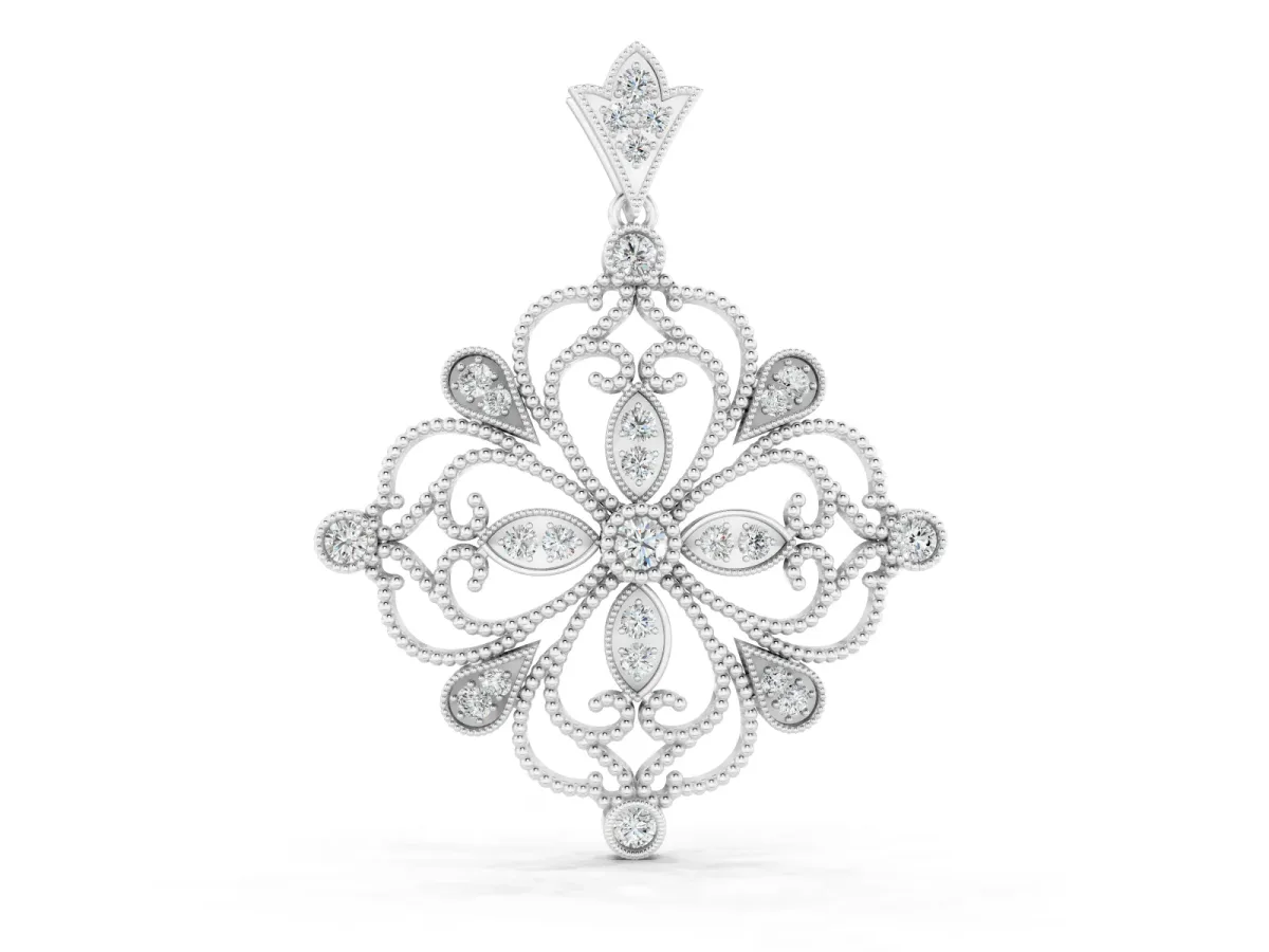 Vintage-Inspired Floral Diamond Pendant Set in Silver with Pavé Scrollwork