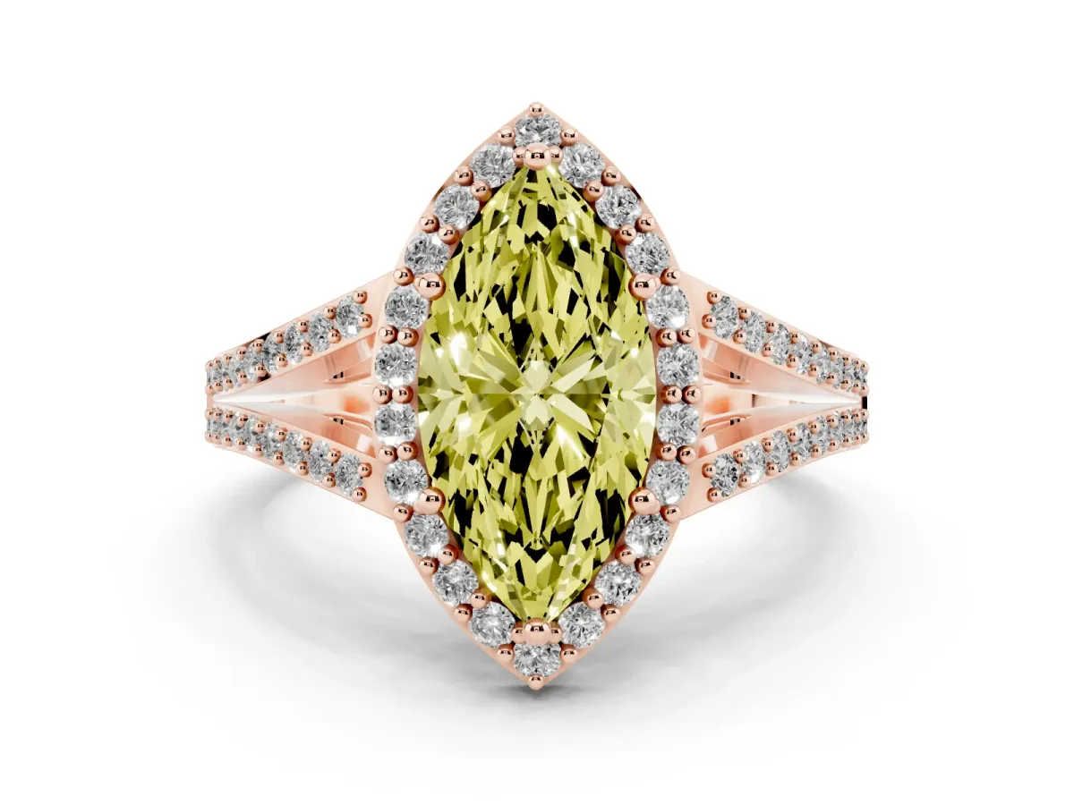 Fancy Yellow Marquise Cut Diamond Halo Split Shank Pavé Ring Set in Rose gold with Prong Setting
