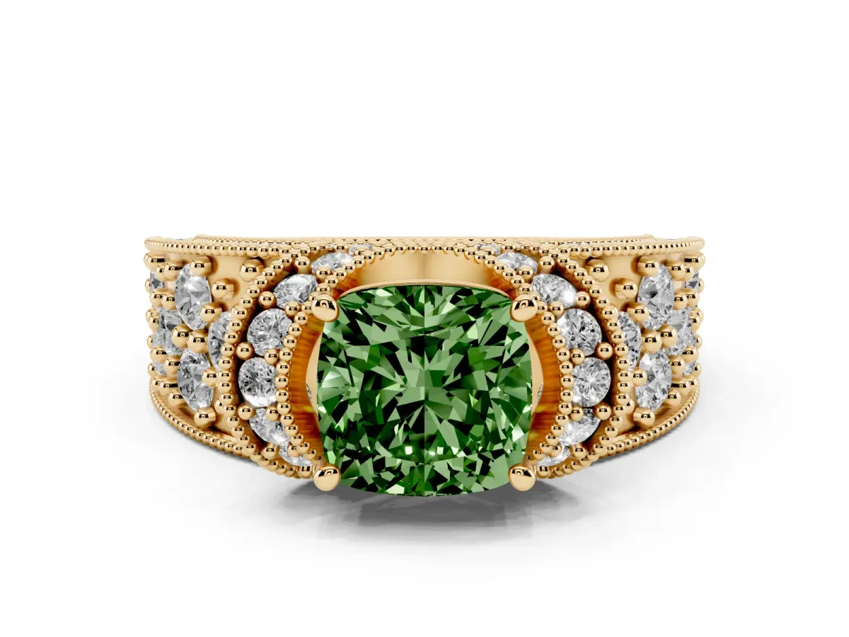 Fancy Green Cushion Cut Diamond Milgrain Halo Pavé Engagement Ring Set in Yellow gold with Prong Setting