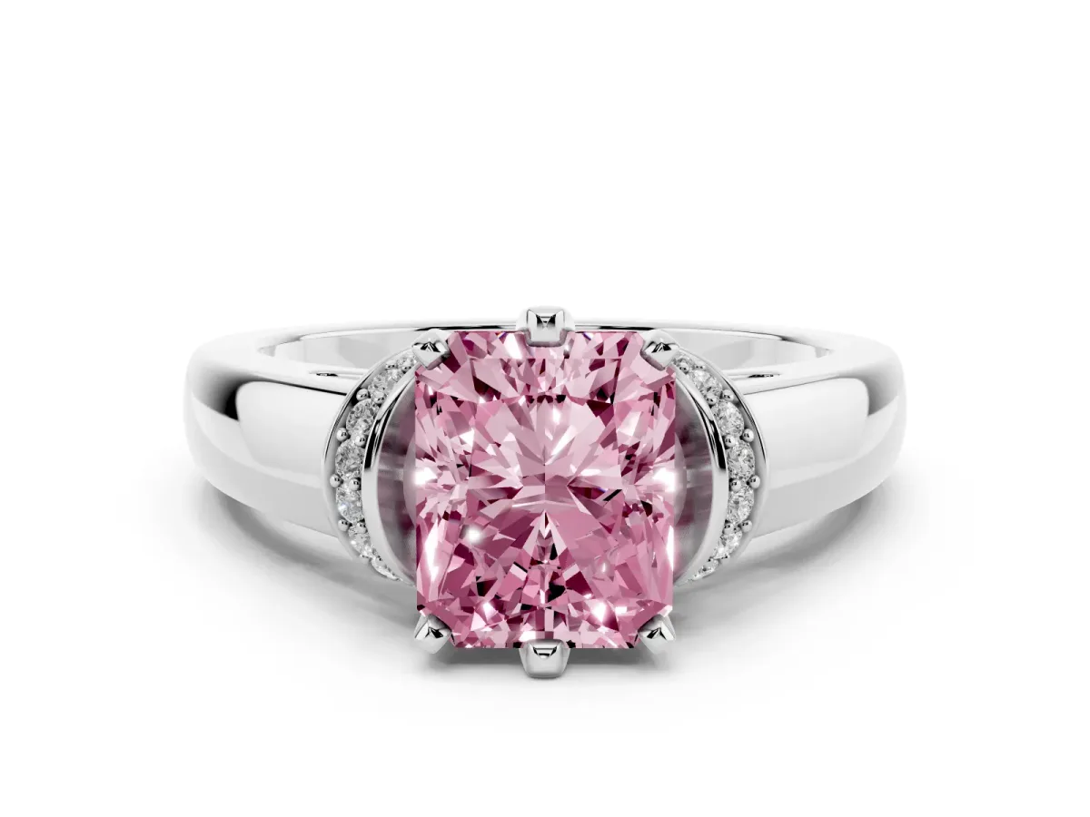 Fancy Pink Radiant Cut Diamond Pavé Band Solitaire Ring Set in Silver with Prong Setting