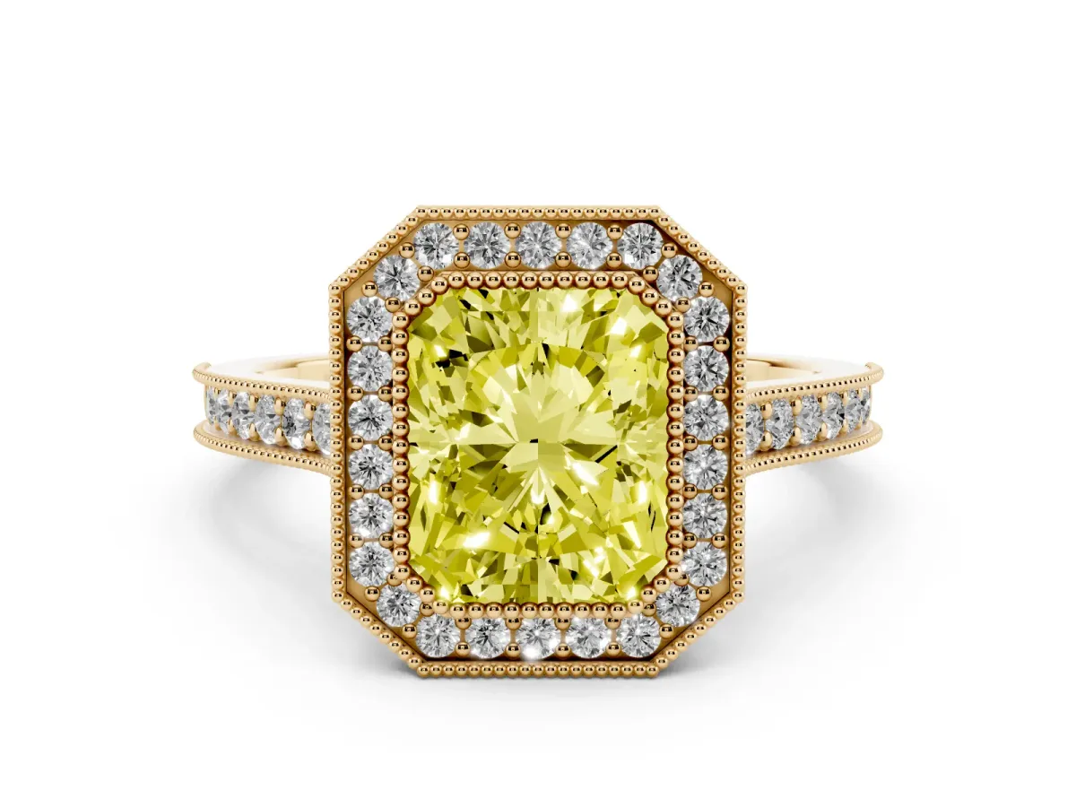 Fancy Yellow Radiant Cut Diamond Halo Milgrain Pavé Band Ring Set in Yellow gold with Prong Setting
