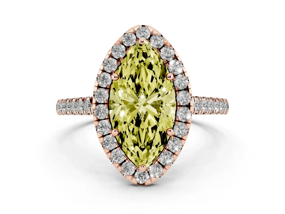 Fancy Yellow Marquise Cut Diamond Halo Pavé Engagement Ring Set in Rose gold with Prong Setting