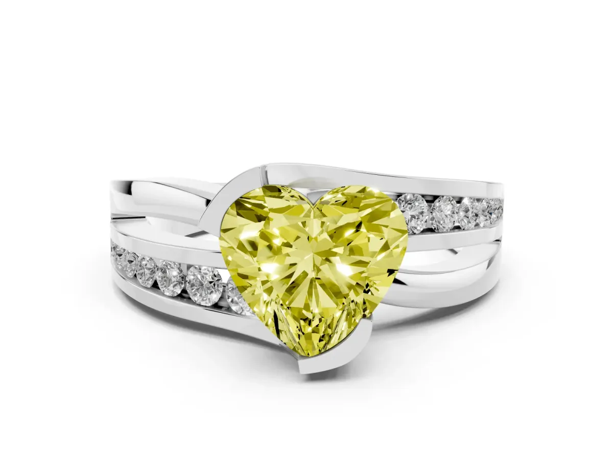 Fancy Yellow Heart Cut Diamond Solitaire Ring Set in White gold with Channel Set Split Shank and Tension Prongs