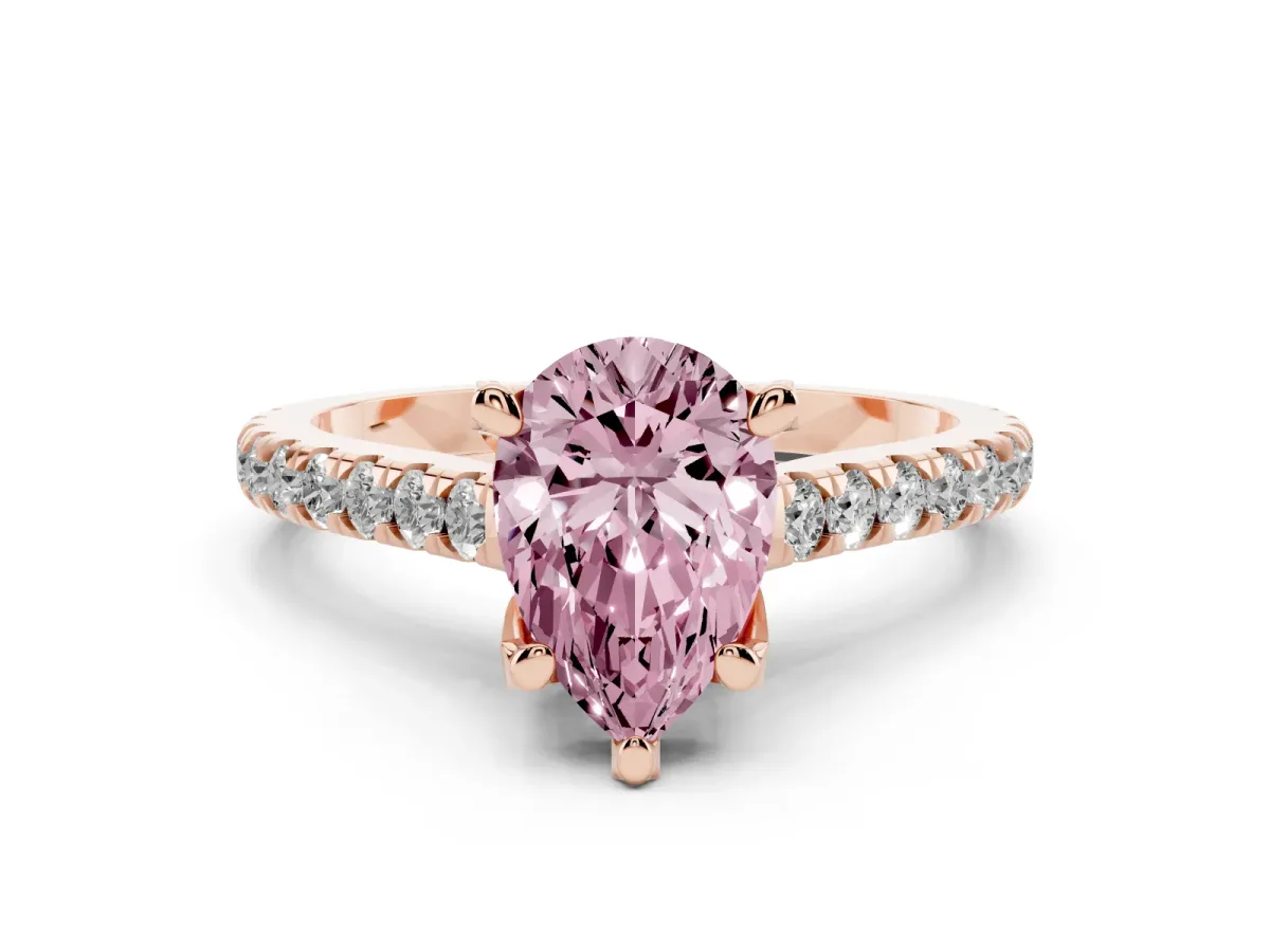 Fancy Pink Pear Cut Diamond Solitaire Ring Set in Rose gold with Brilliant Pavé Band and Prong Setting