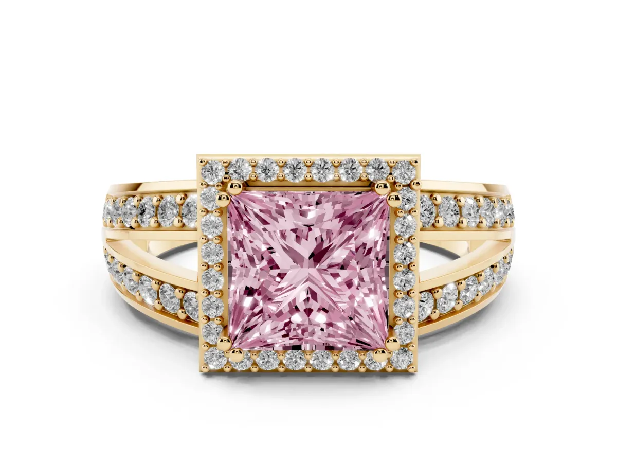 Fancy Pink Princess Cut Diamond Halo Ring Set in Yellow gold with Double Pavé Split Shank