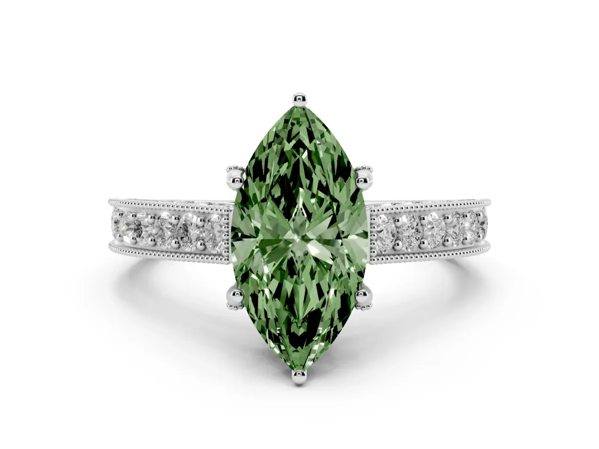 Fancy Green Marquise Cut Diamond Solitaire Ring Set in Silver with Milgrain-Edged Pavé Band and Prong Setting