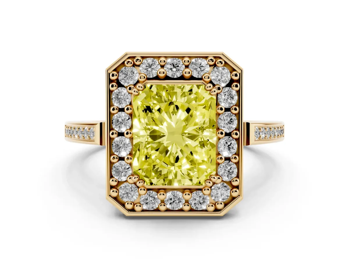 Fancy Yellow Radiant Cut Diamond Halo Ring Set in Yellow gold with Accent-Lined Split Shank and Prong Setting