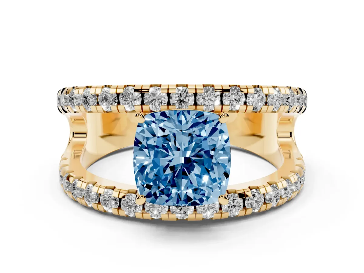 Fancy Blue Cushion Cut Diamond Split Shank Pavé Solitaire Ring Set in Yellow gold with Open Shank Design
