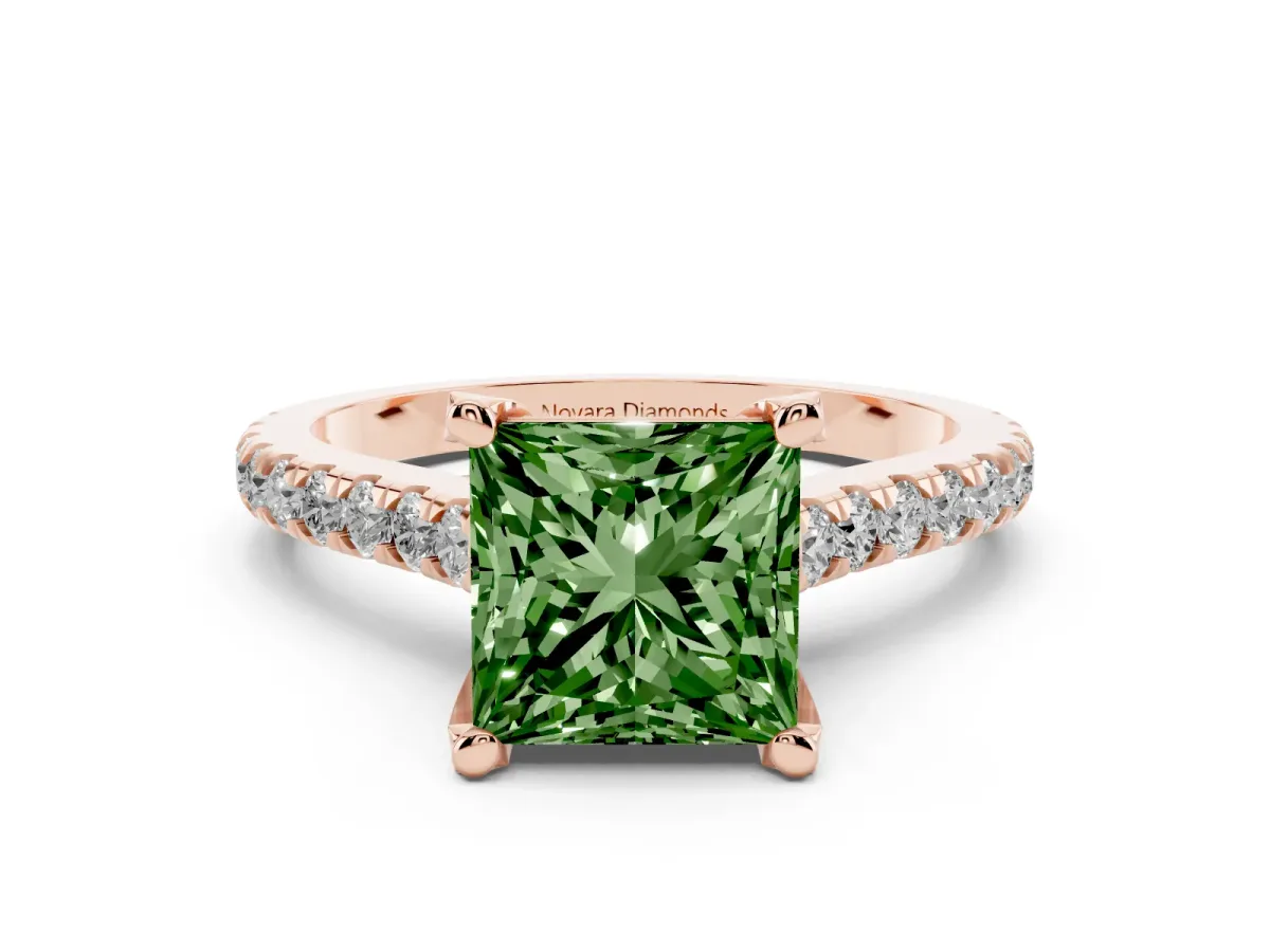 Fancy Green Princess Cut Diamond Solitaire Ring Set in Rose gold with Brilliant Pavé Band and Prong Setting