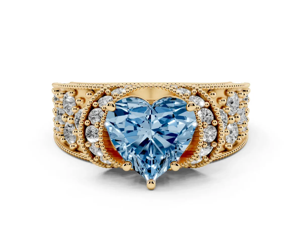 Fancy Blue Heart Cut Diamond Milgrain Halo Pavé Engagement Ring Set in Yellow gold with Prong Setting