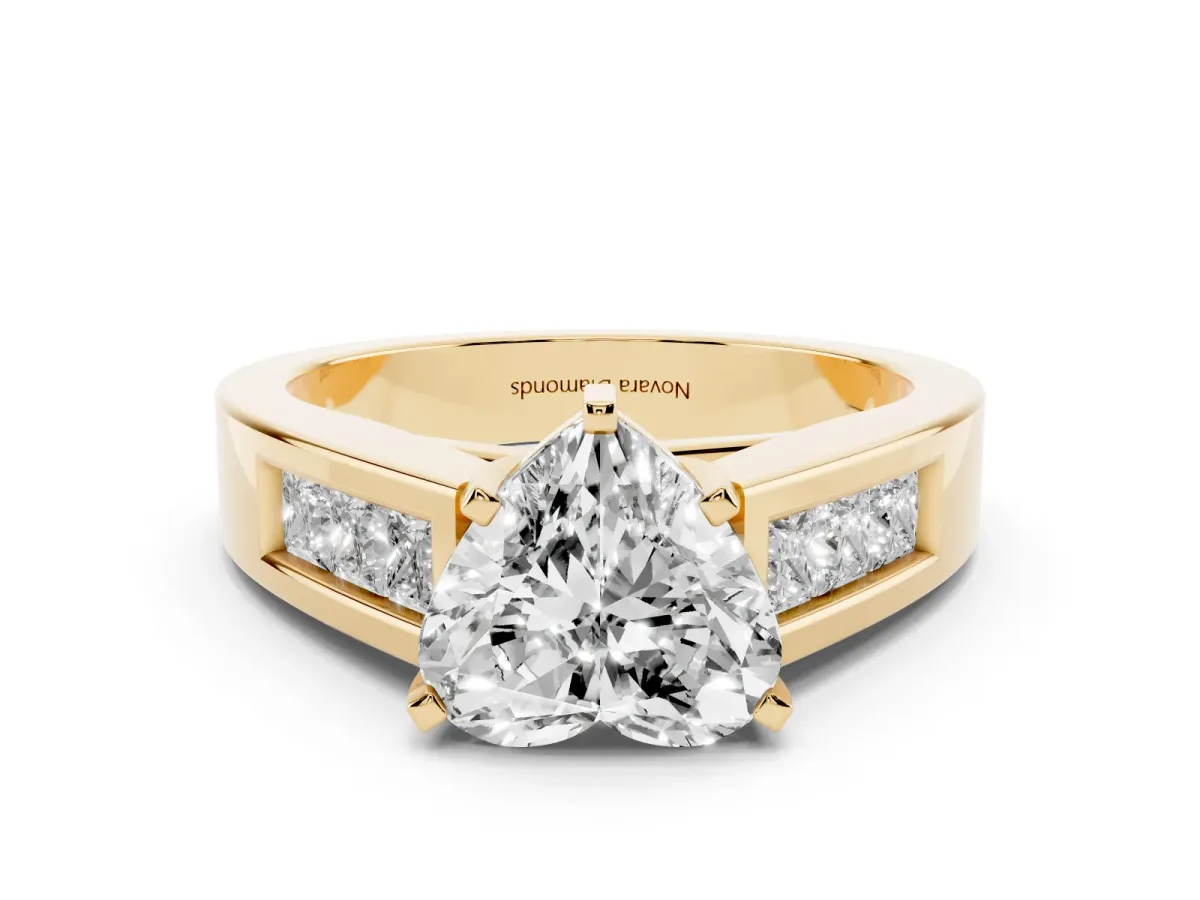 Heart Cut Diamond Solitaire Ring Set in Yellow gold with Channel-Set Accent Stones and Prong Setting
