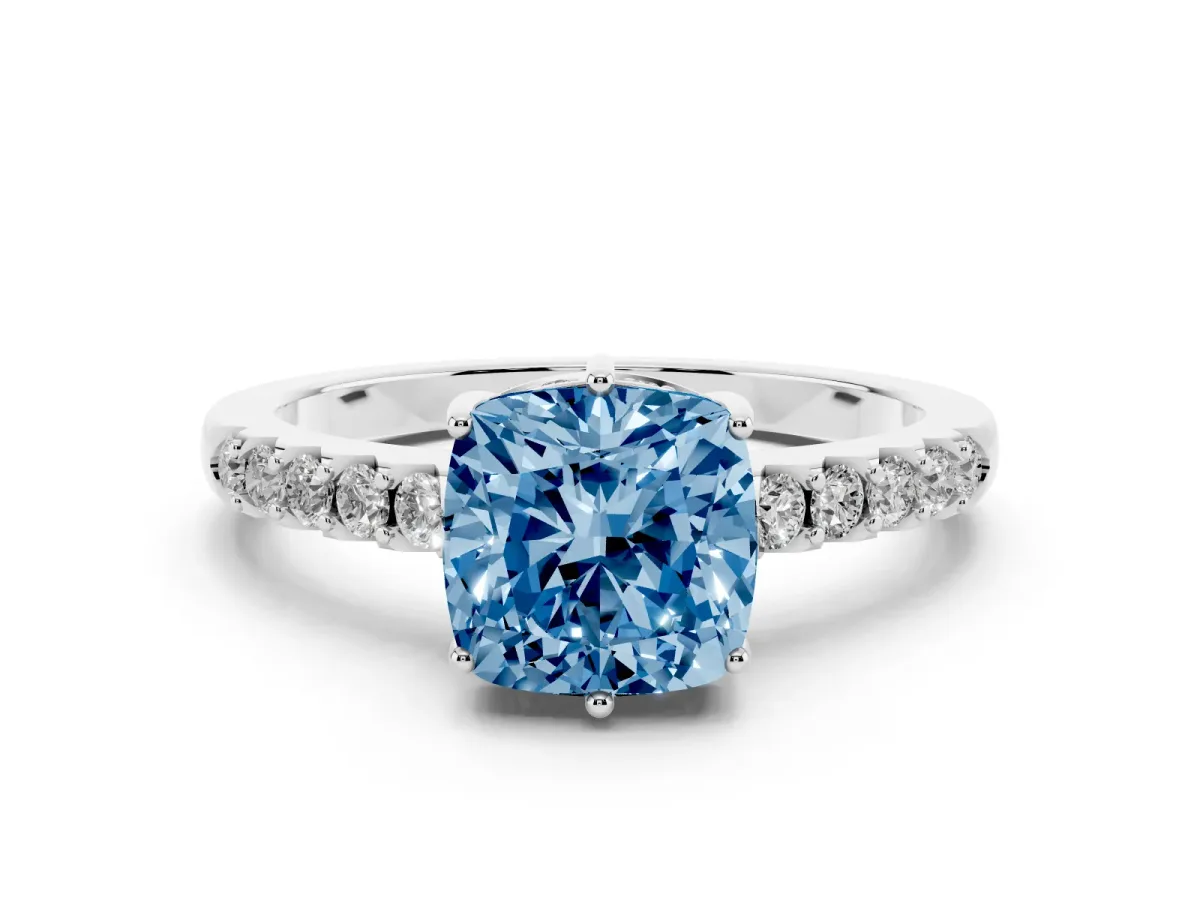 Fancy Blue Cushion Cut Diamond Solitaire Engagement Ring Set in Silver with Pavé Band and Prong Setting