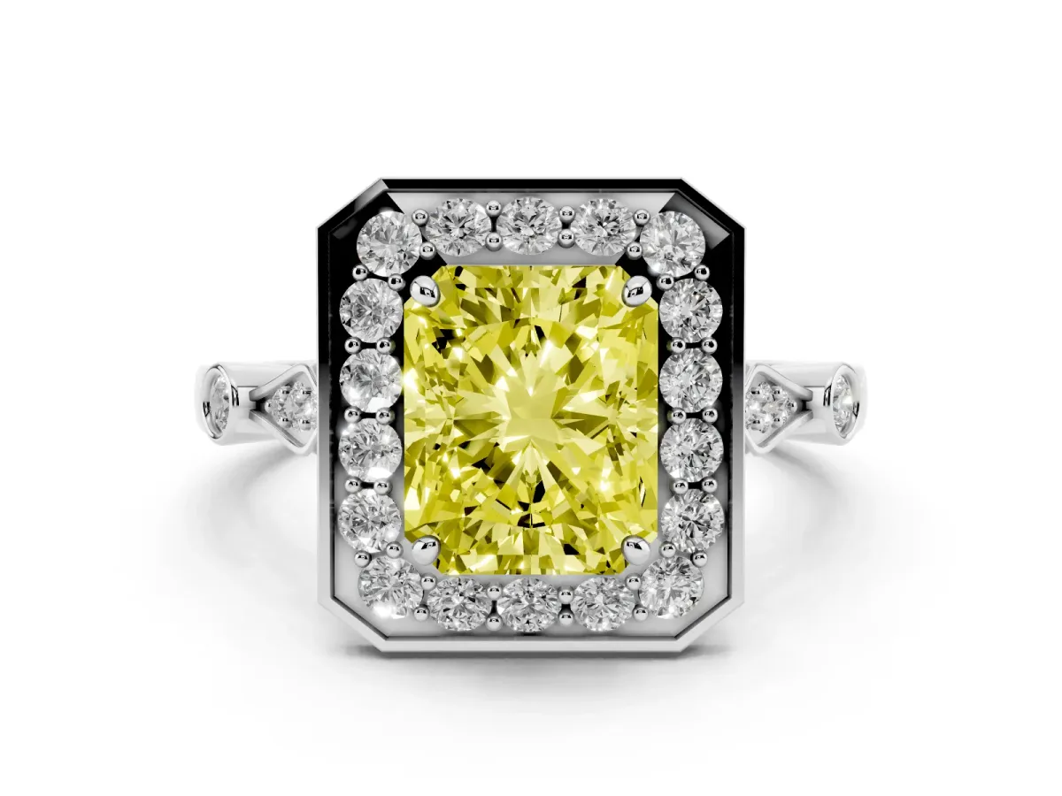 Fancy Yellow Radiant Cut Diamond Halo Engagement Ring Set in White gold with Twisted Band and Prong Setting