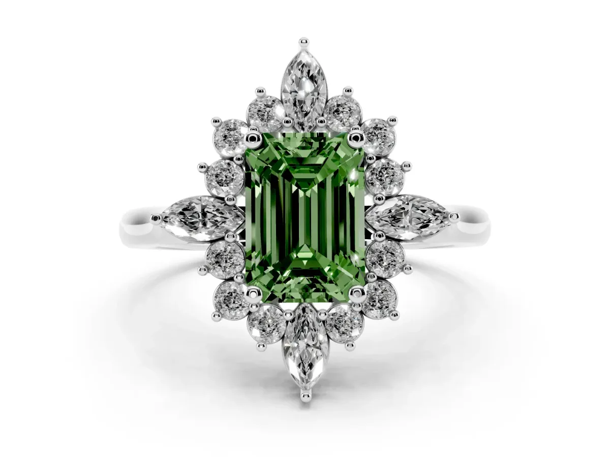 Fancy Green Emerald Cut Diamond Cluster Halo Ring Set in White gold with Marquise and Round Accents