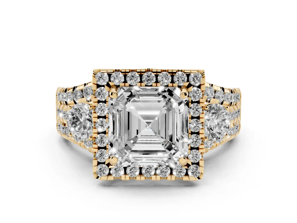 Asscher Cut Diamond Halo Split Shank Ring Set in Yellow gold with Round Accent Stones and Prong Setting
