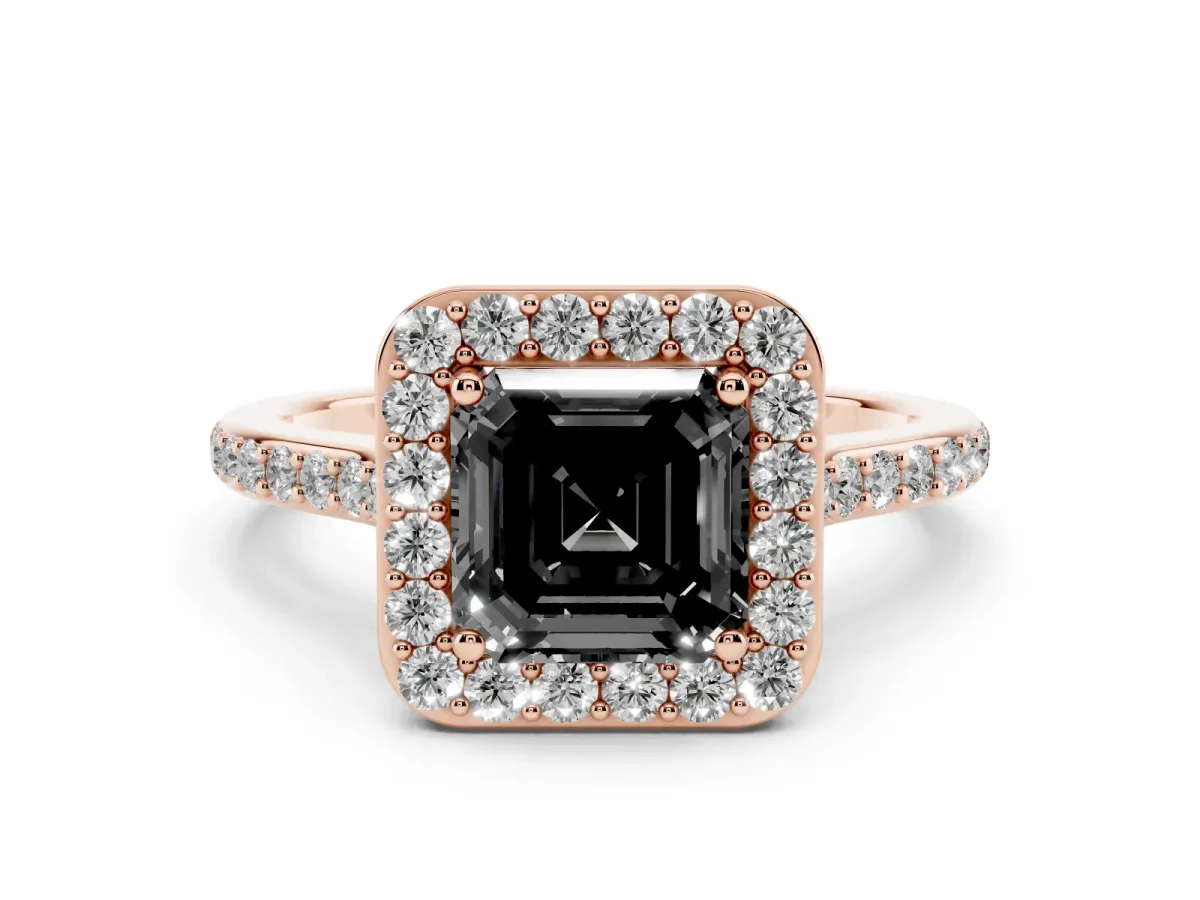 Fancy Black Asscher Cut Diamond Halo Engagement Ring Set in Rose gold with Round Pavé Shoulders and Heart Gallery