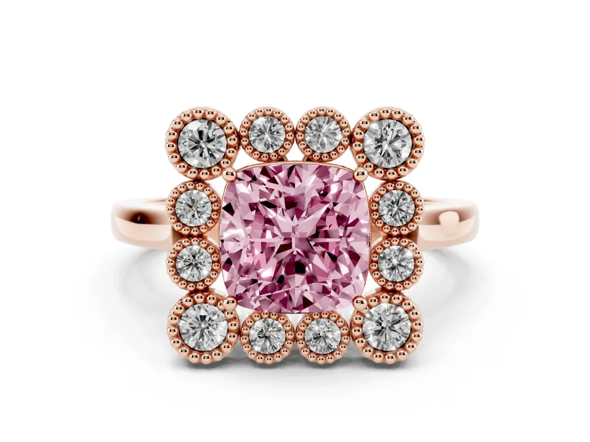 Fancy Pink Cushion Cut Diamond Cluster Halo Ring Set in Rose gold with Milgrain Bezel Accents and Plain Band