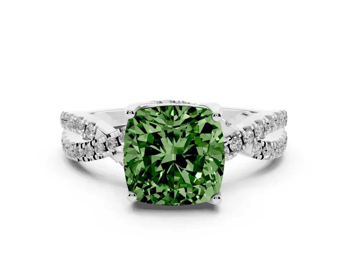 Fancy Green Cushion Cut Diamond Twist Pavé Solitaire Engagement Ring Set in White gold with Prong Setting