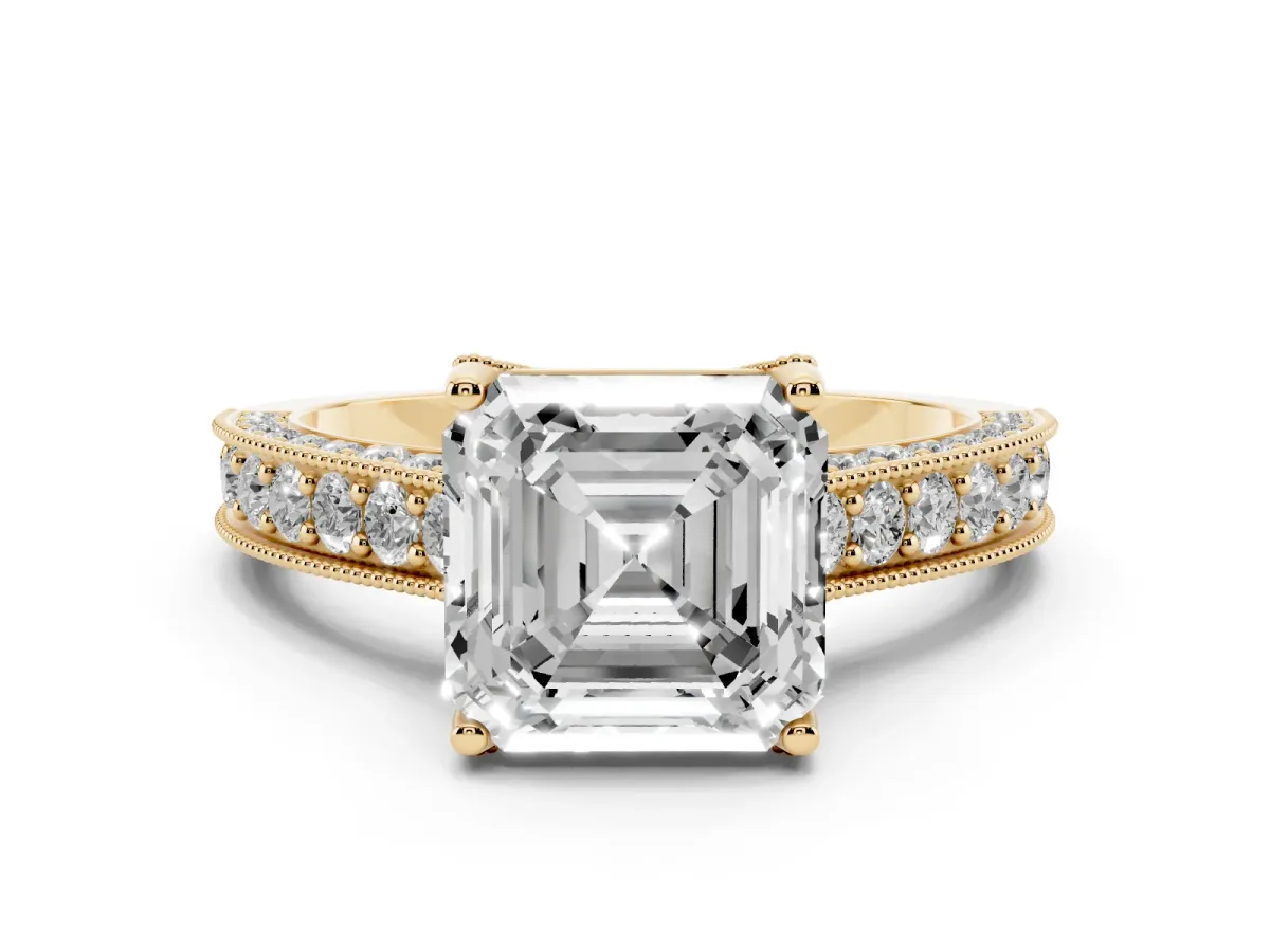Asscher Cut Diamond Solitaire Ring Set in Yellow gold with Milgrain-Edged Pavé Band and Prong Setting