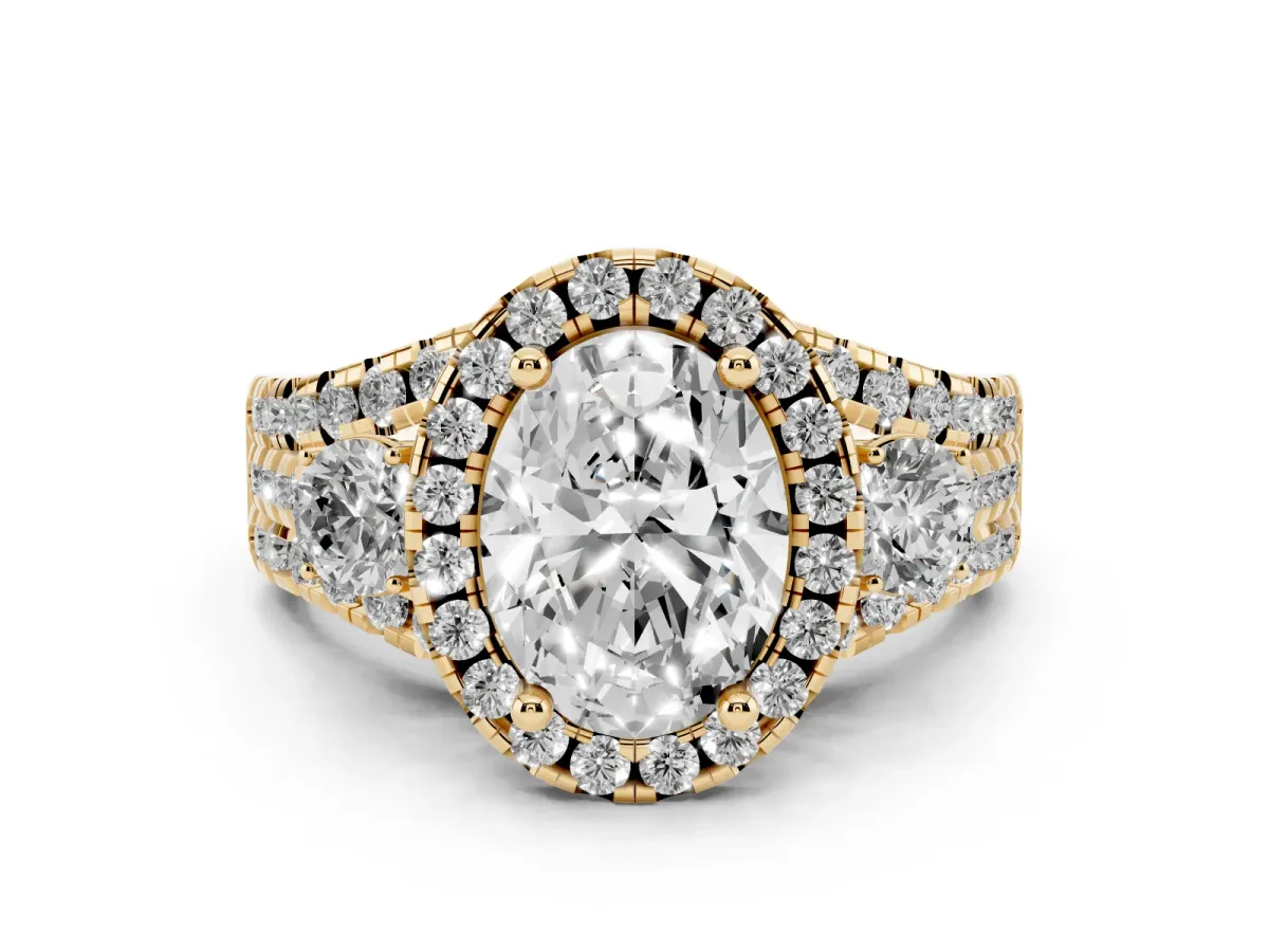 Oval Cut Diamond Halo Split Shank Ring Set in Yellow gold with Round Accent Stones and Prong Setting