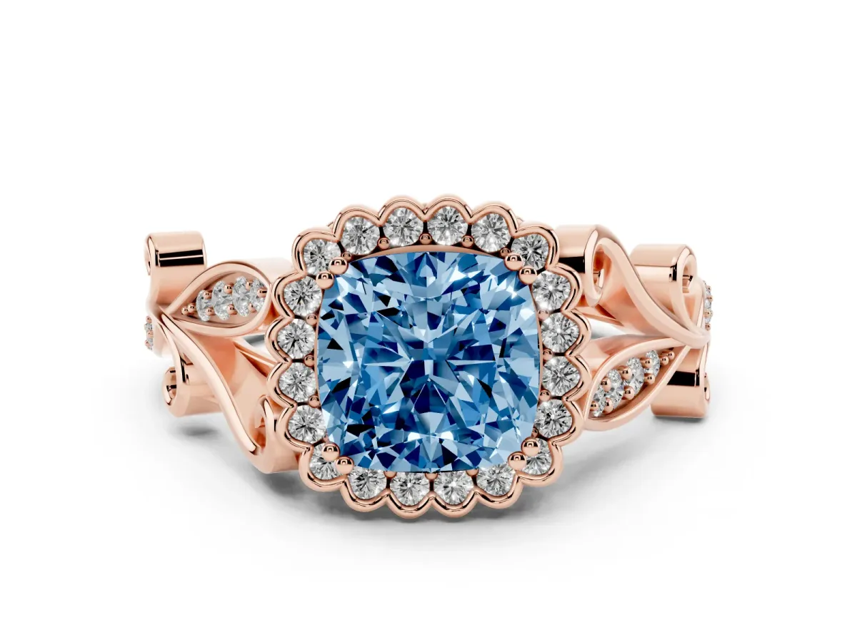 Fancy Blue Cushion Cut Diamond Halo Ring Set in Rose gold with Leaf Motif Split Shank and Prong Setting