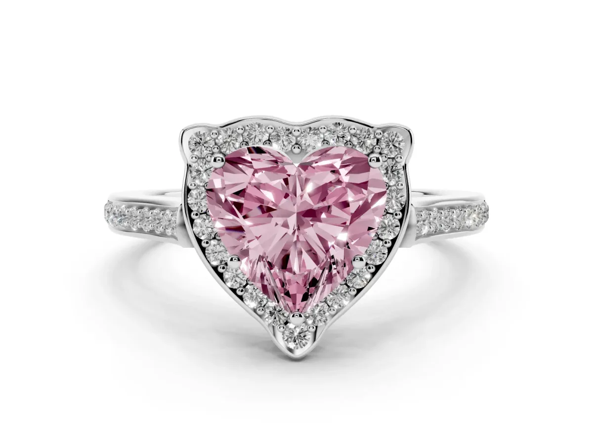 Fancy Pink Heart Cut Diamond Halo Ring Set in Silver with Pavé-Lined Shoulders and Prong Setting