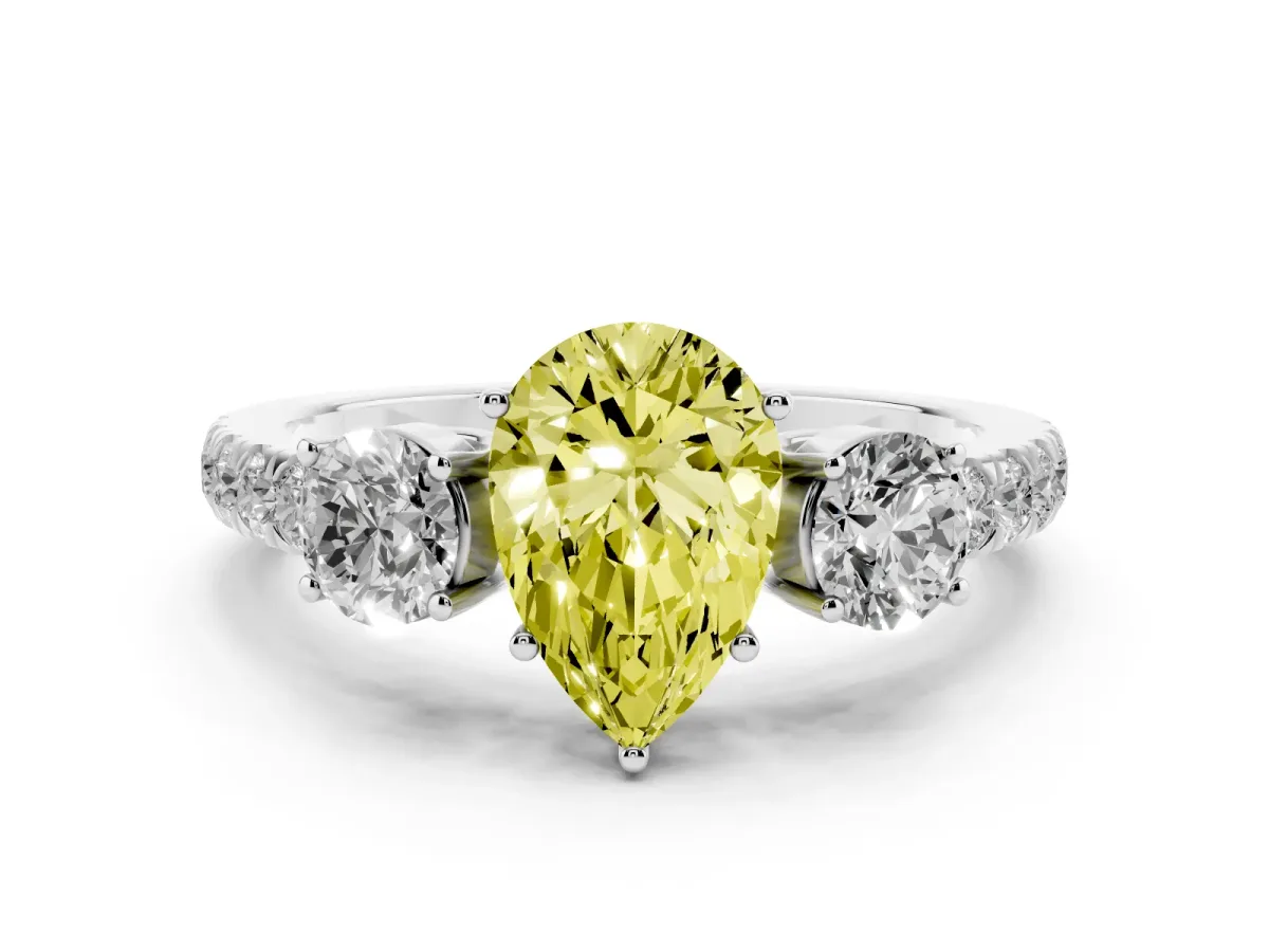 Fancy Yellow Pear Cut Diamond Three-Stone Ring Set in Silver with Round Side Stones and Delicate Pavé Band
