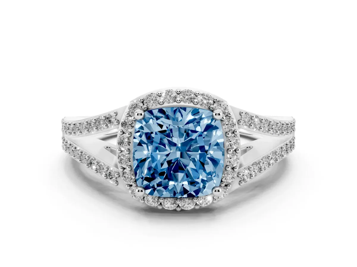 Fancy Blue Cushion Cut Diamond Halo Split Shank Pavé Ring Set in Silver with Prong Setting