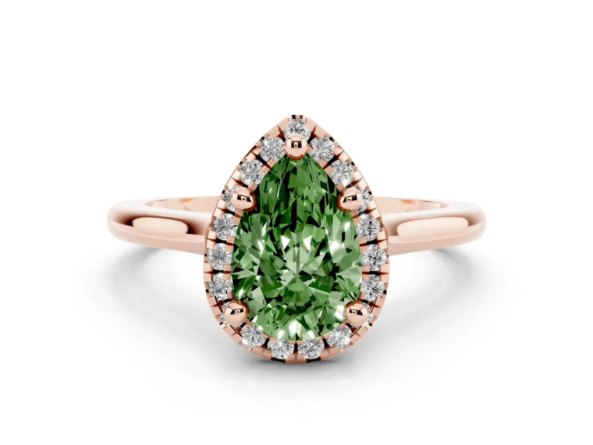 Fancy Green Pear Cut Diamond Halo Engagement Ring Set in Rose gold with Pavé Band and Rising Shoulders