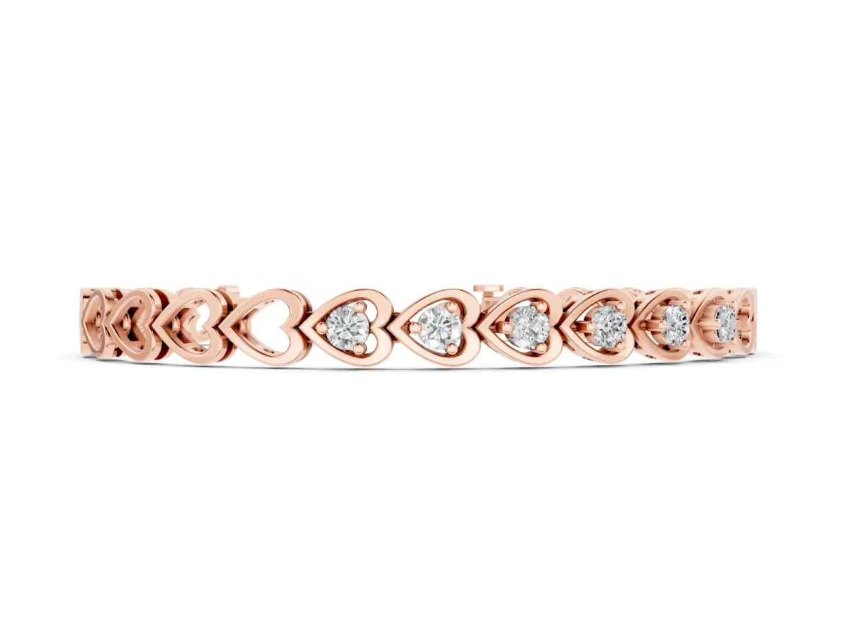 Round Cut Diamond Heart Link Tennis Bracelet Set in Rose gold with Bezel Setting